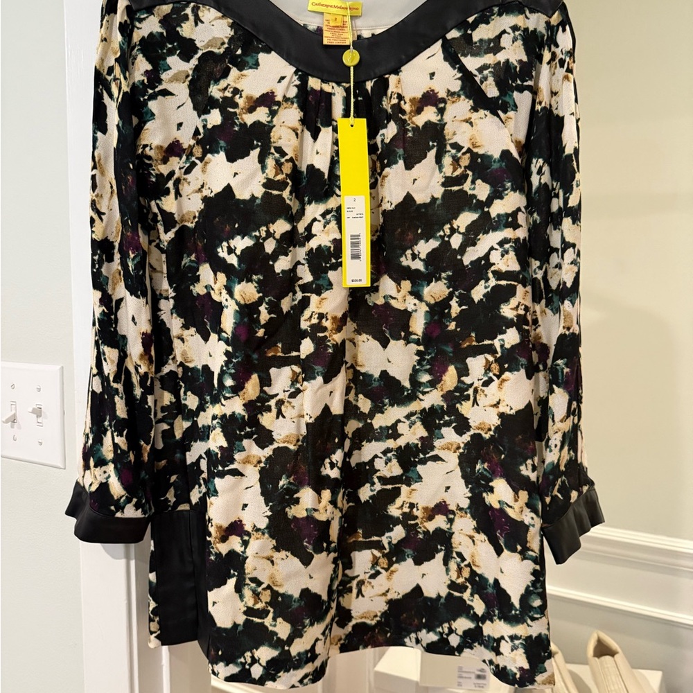 Catherine Malandrino Black and Cream Graphic 3/4 Sleeve Blouse